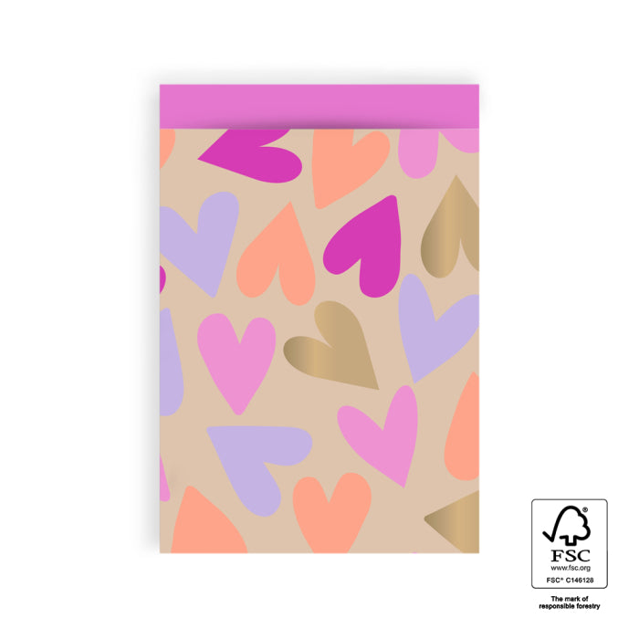 Cadeauzakjes - Big Hearts Gold - Bright Pink | L - 10 stuks