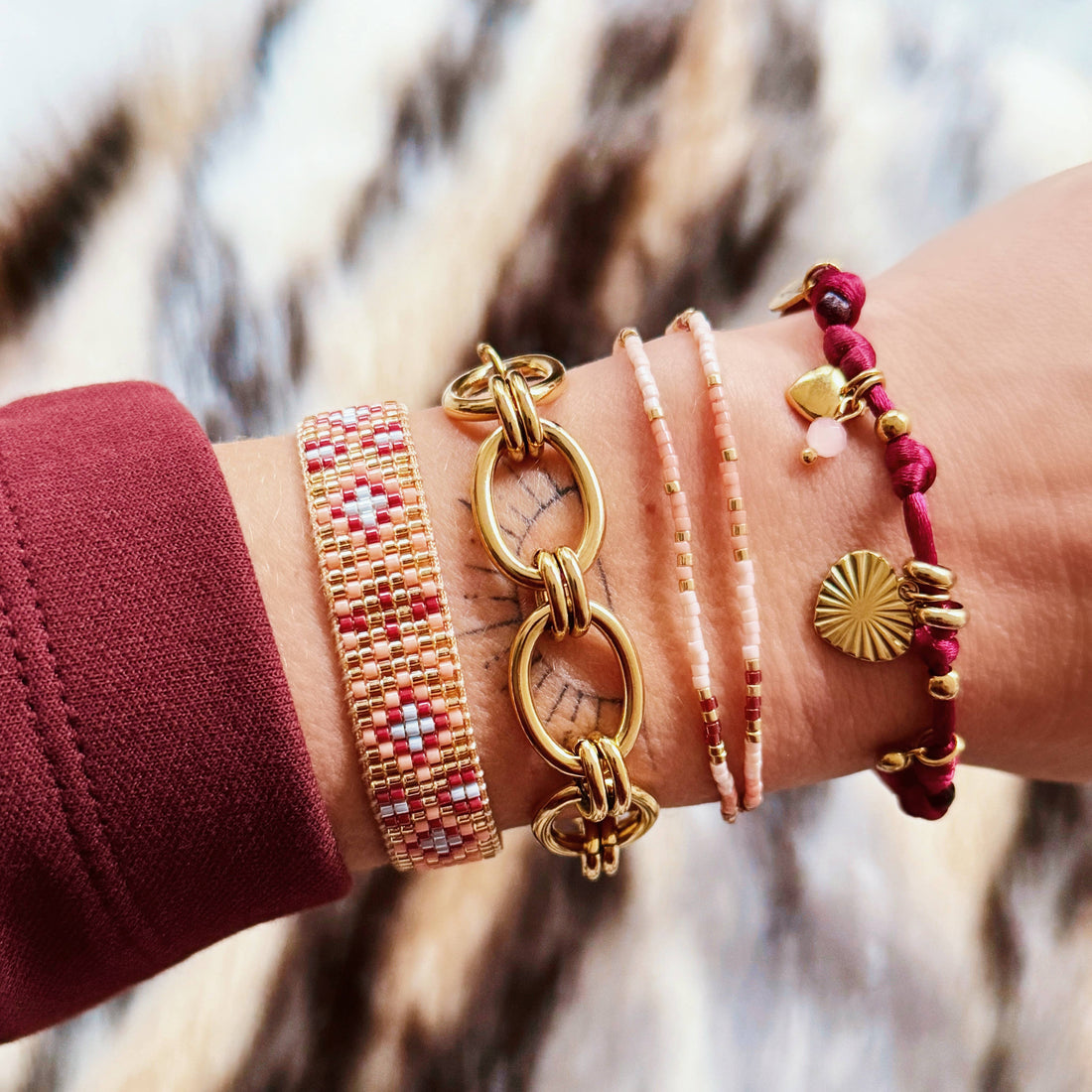 Dubbele miyuki armband - roze/nude/bordeaux