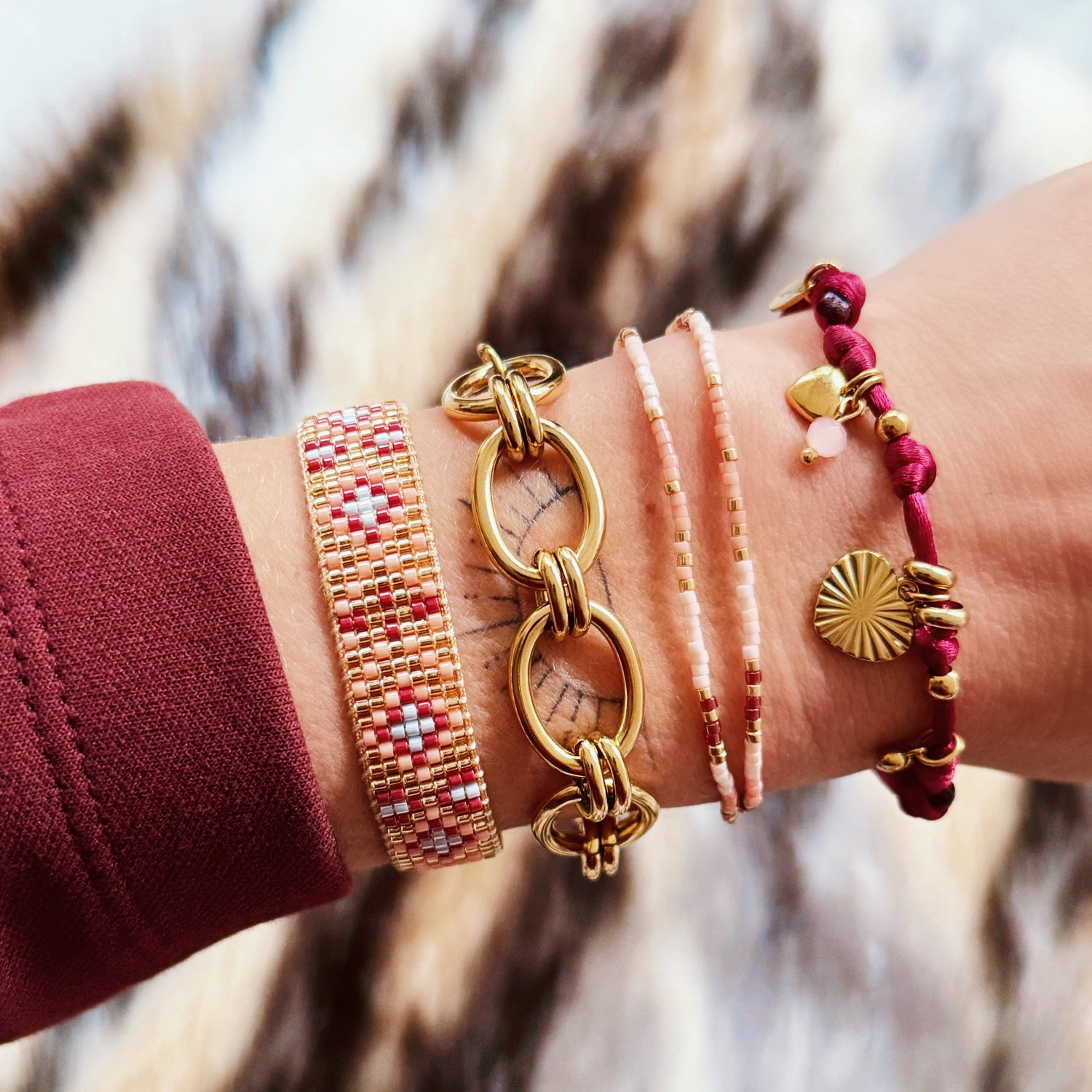 Dubbele miyuki armband - roze/nude/bordeaux